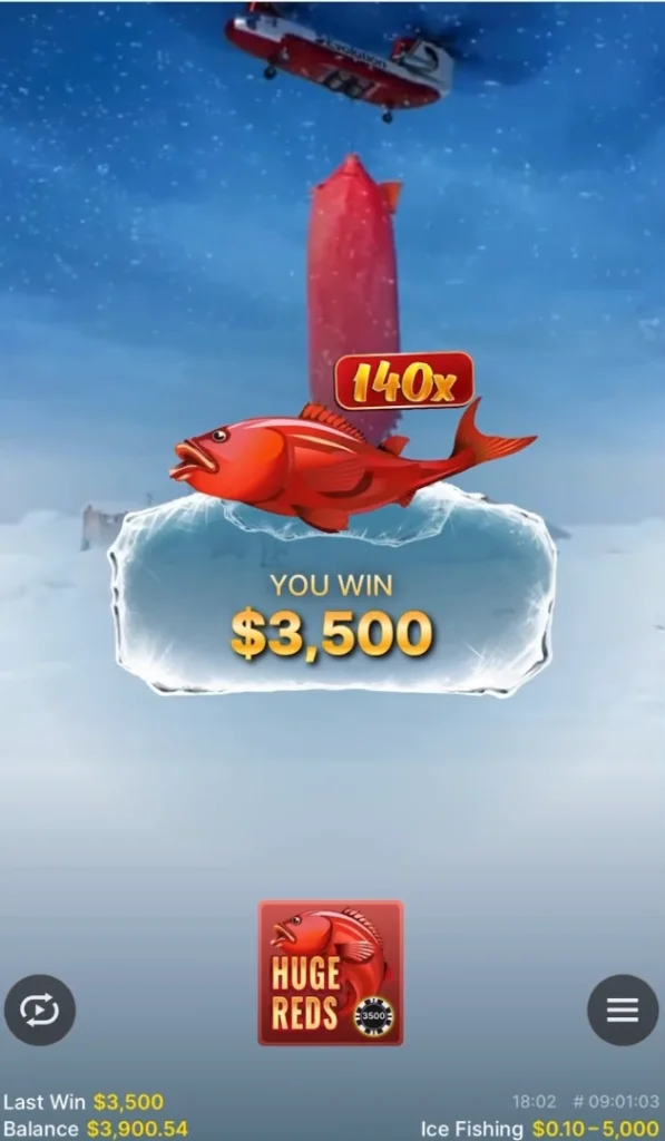 Grande vincita di $3500 nel bonus Huge Reds di Ice Fishing Slot con moltiplicatore 140x.