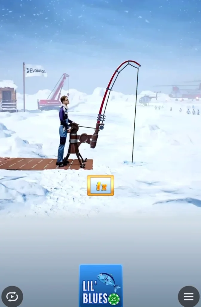 Animazione del pescatore durante il bonus Lil’ Blues in Ice Fishing Slot con canna da pesca sul ghiaccio.