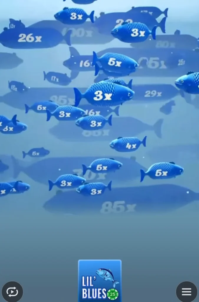 Schermata del bonus Lil’ Blues con pesci blu e moltiplicatori visibili nell’acqua.