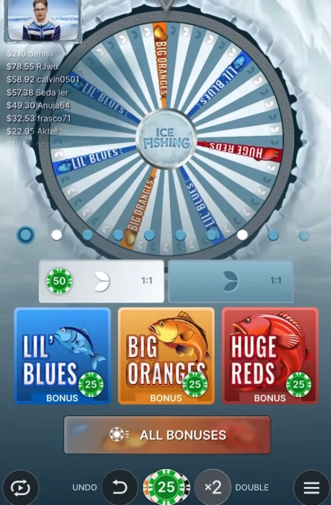 Ruota di Ice Fishing Slot ferma su Lil’ Blues e Huge Reds con vista sui segmenti bonus.