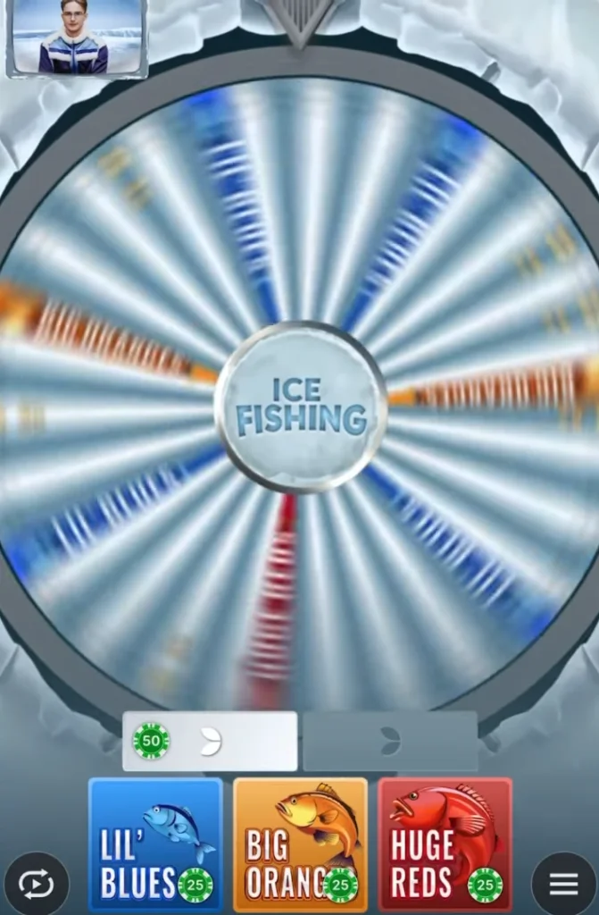 Ruota principale del gioco Ice Fishing Slot durante la rotazione con i segmenti colorati blu, arancioni e rossi.