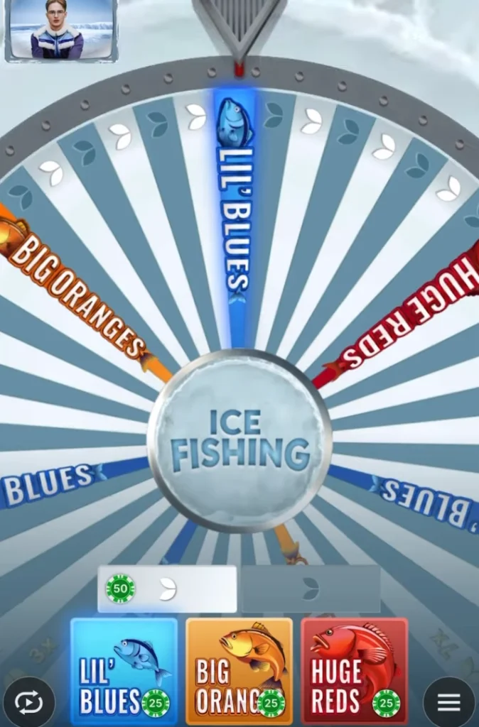 Segmento Lil’ Blues selezionato sulla ruota di Ice Fishing Game prima dell’inizio del round bonus.