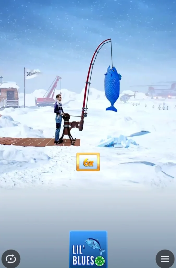 Vittoria nel bonus Lil’ Blues con moltiplicatore 6x e pesce blu tirato fuori dal ghiaccio.